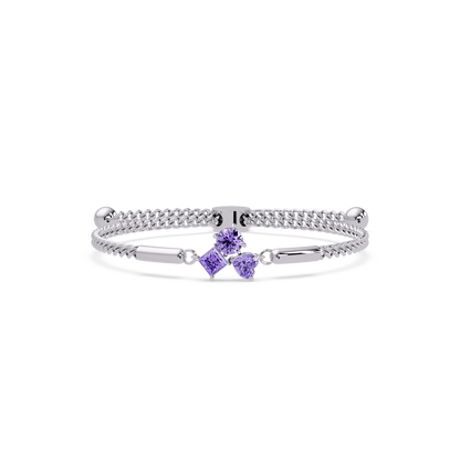 Three-stone lab-grown colorstone adjustable chain bracelet with amethyst purple stones in white gold
