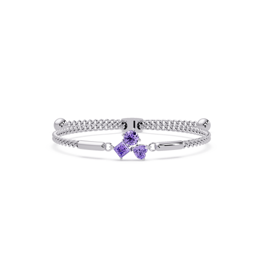 Three-stone colorstone adjustable chain bracelet with amethyst purple stones in white gold
