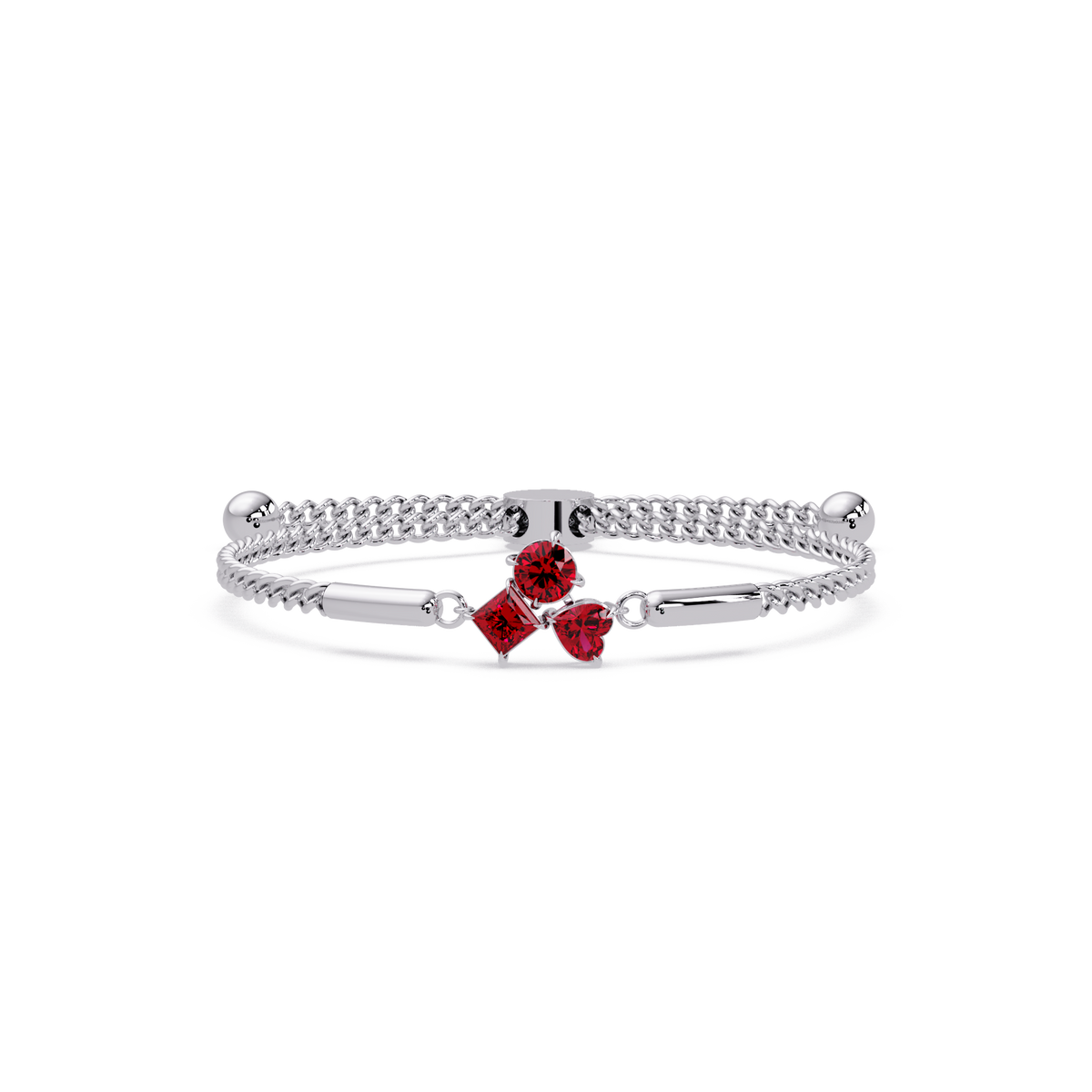 Three-stone lab-grown colorstone adjustable chain bracelet with ruby red stones in white gold