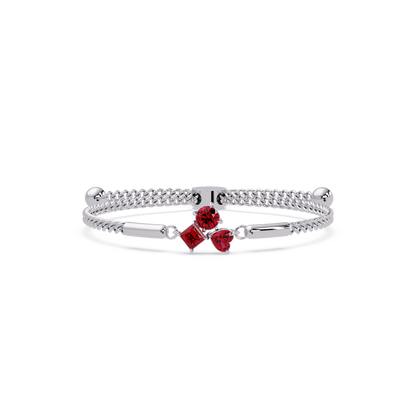 Three-stone lab-grown colorstone adjustable chain bracelet with ruby red stones in white gold