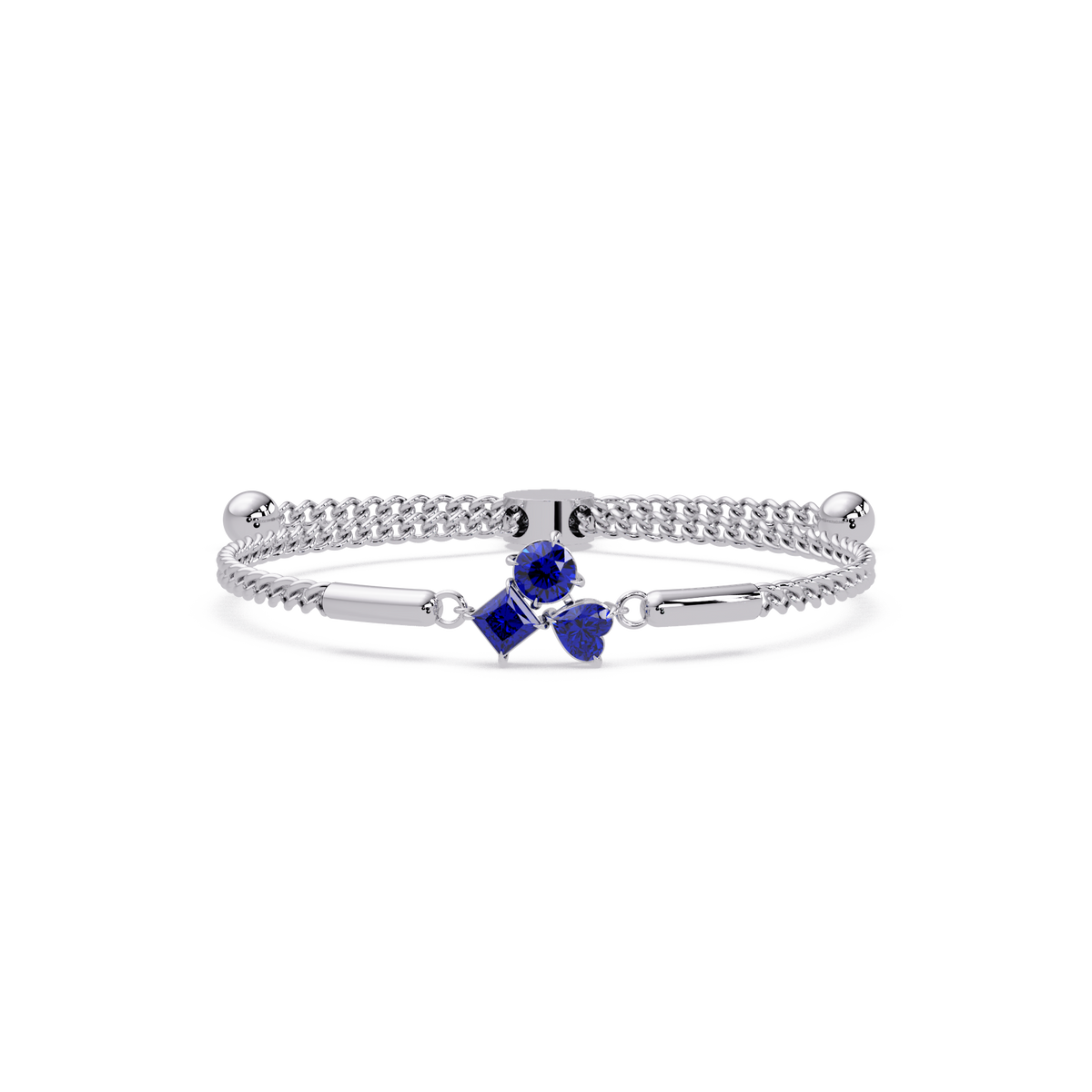Three-stone lab-grown colorstone adjustable chain bracelet with sapphire blue stones in white gold