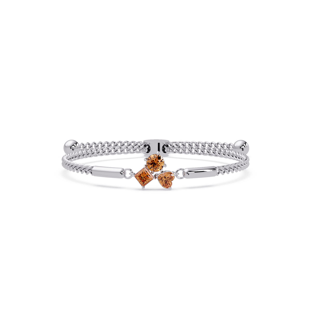 Three-stone lab-grown colorstone adjustable chain bracelet with champagne topaz stones in white gold