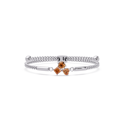Three-stone lab-grown colorstone adjustable chain bracelet with champagne topaz stones in white gold