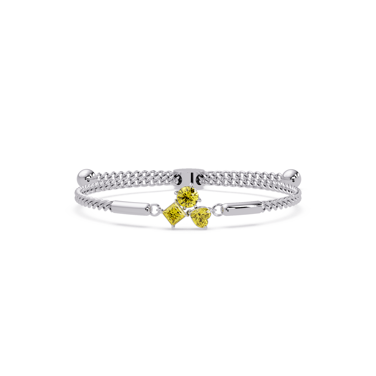 Three-stone lab-grown colorstone adjustable chain bracelet with citrine yellow stones in white gold