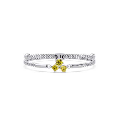Three-stone lab-grown colorstone adjustable chain bracelet with citrine yellow stones in white gold