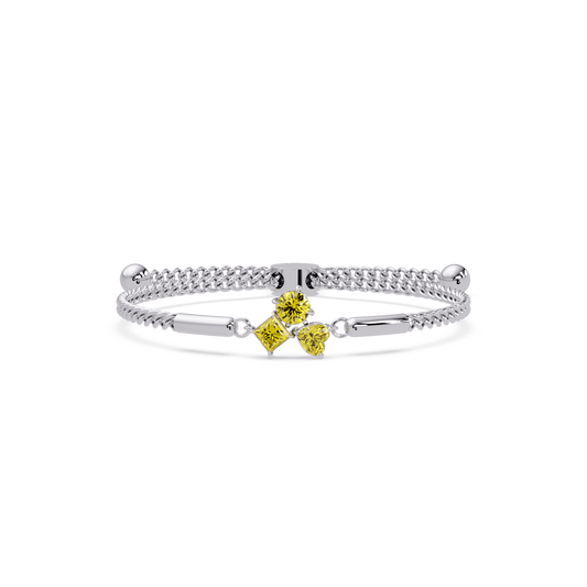Three-stone colorstone adjustable chain bracelet with citrine yellow stones in white gold
