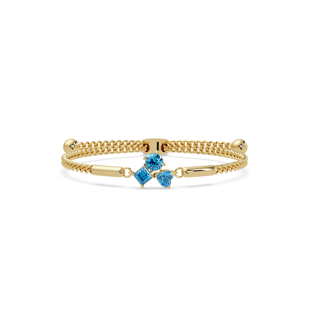 Three-stone lab-grown colorstone adjustable chain bracelet with aquamarine blue stones in yellow gold