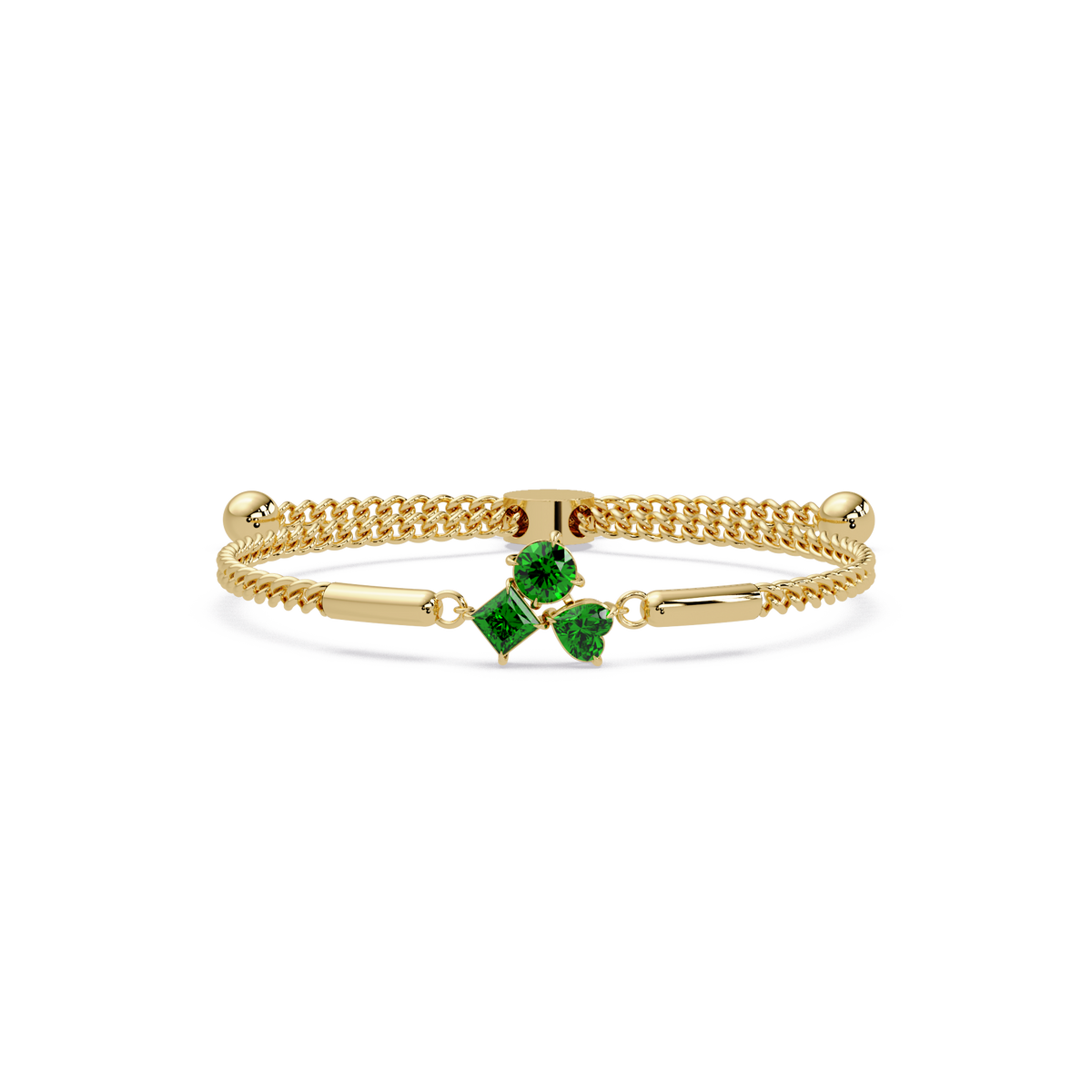 Three-stone lab-grown colorstone adjustable chain bracelet with emerald green stones in yellow gold