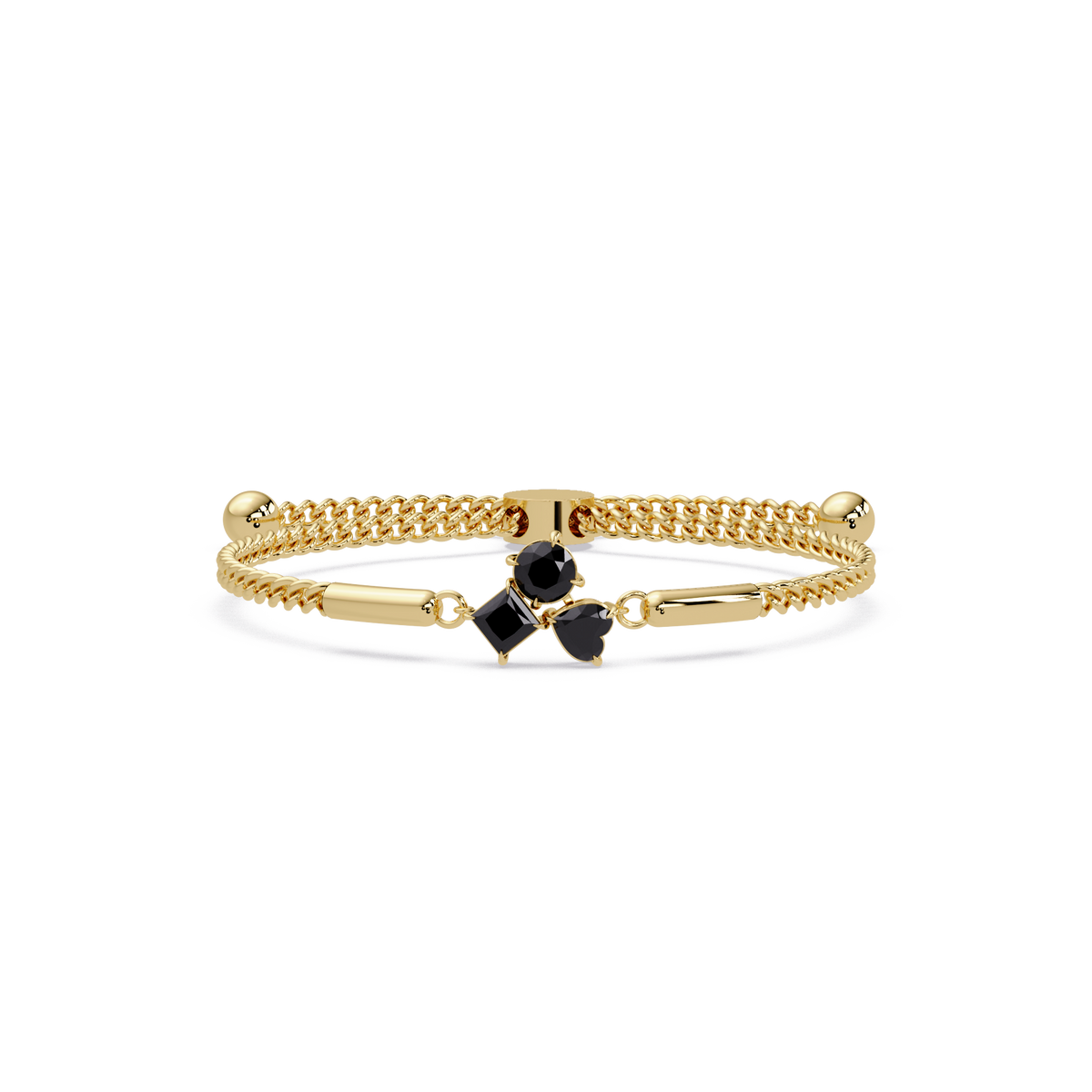 Three-stone lab-grown colorstone adjustable chain bracelet with onyx stones in yellow gold