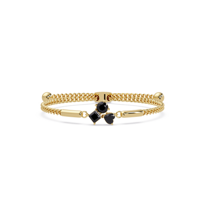 Three-stone lab-grown colorstone adjustable chain bracelet with onyx stones in yellow gold