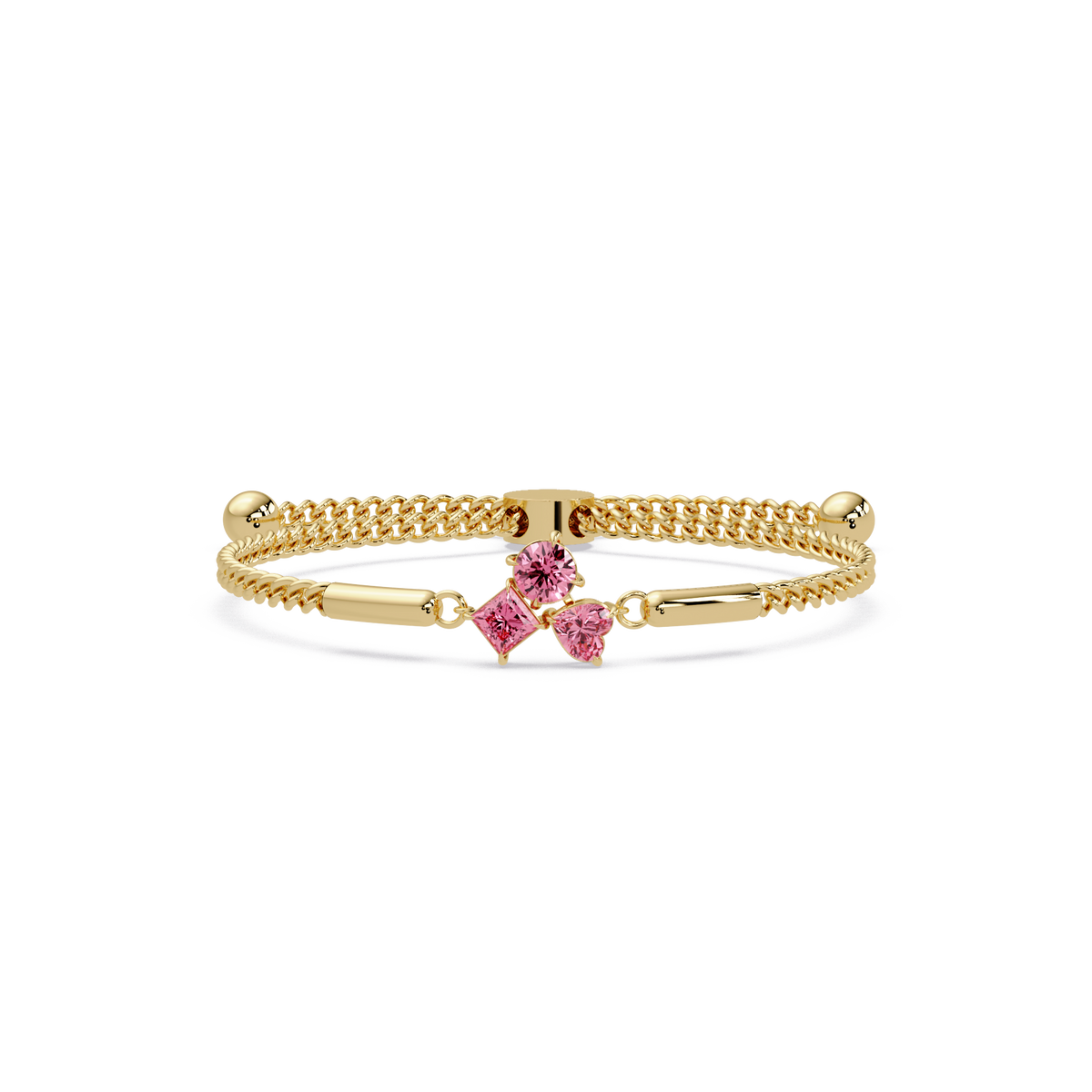 Three-stone lab-grown colorstone adjustable chain bracelet with tourmaline pink stones in yellow gold