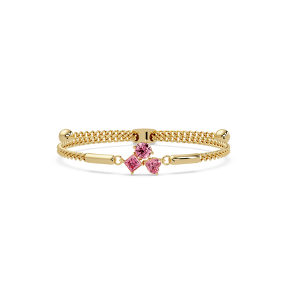 Three-stone lab-grown colorstone adjustable chain bracelet with tourmaline pink stones in yellow gold