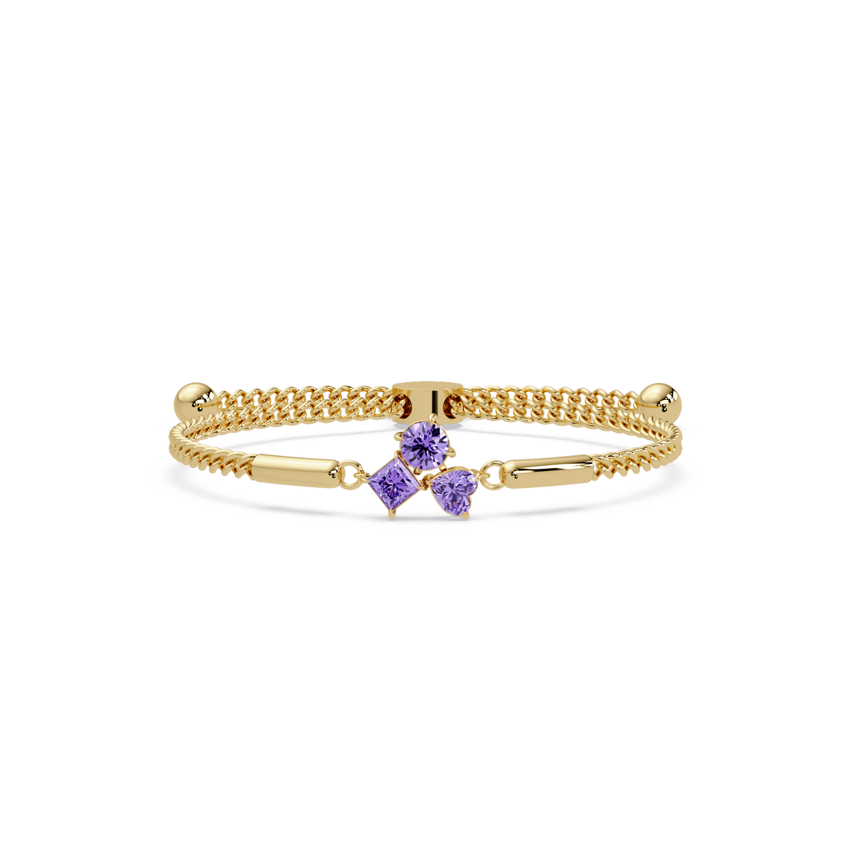 Three-stone lab-grown colorstone adjustable chain bracelet with amethyst purple stones in yellow gold