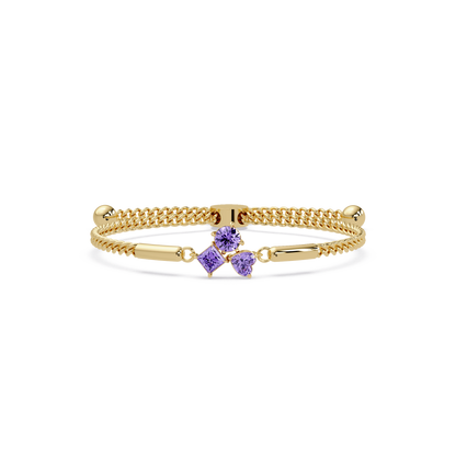 Three-stone lab-grown colorstone adjustable chain bracelet with amethyst purple stones in yellow gold