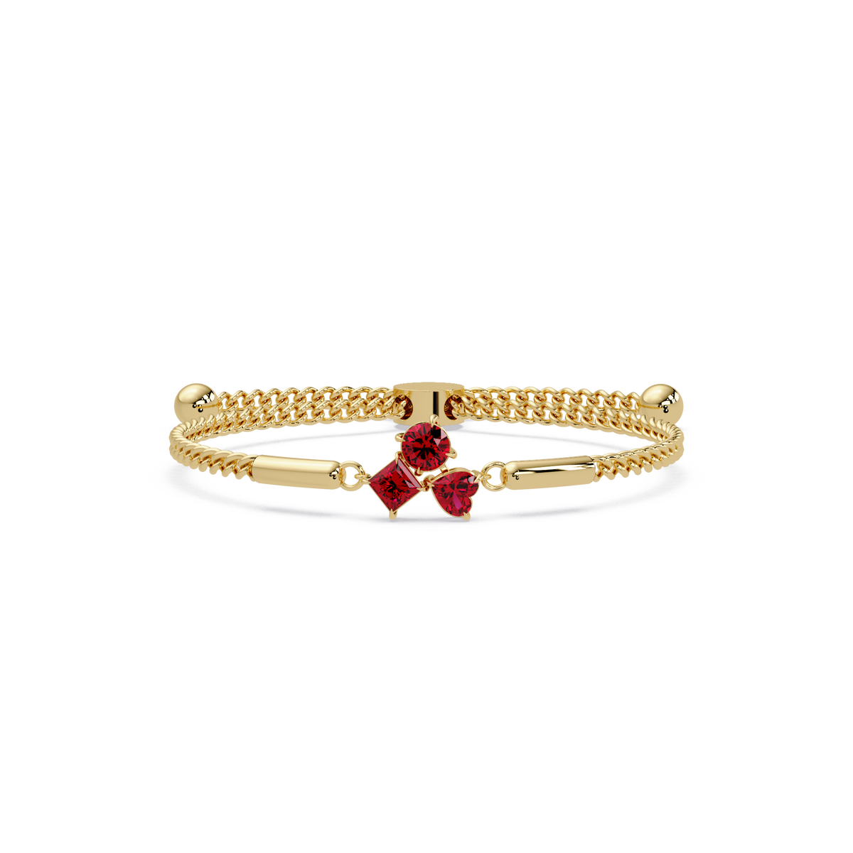 Three-stone lab-grown colorstone adjustable chain bracelet with ruby red stones in yellow gold