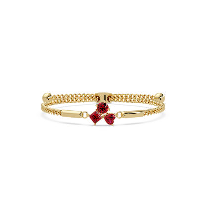 Three-stone lab-grown colorstone adjustable chain bracelet with ruby red stones in yellow gold