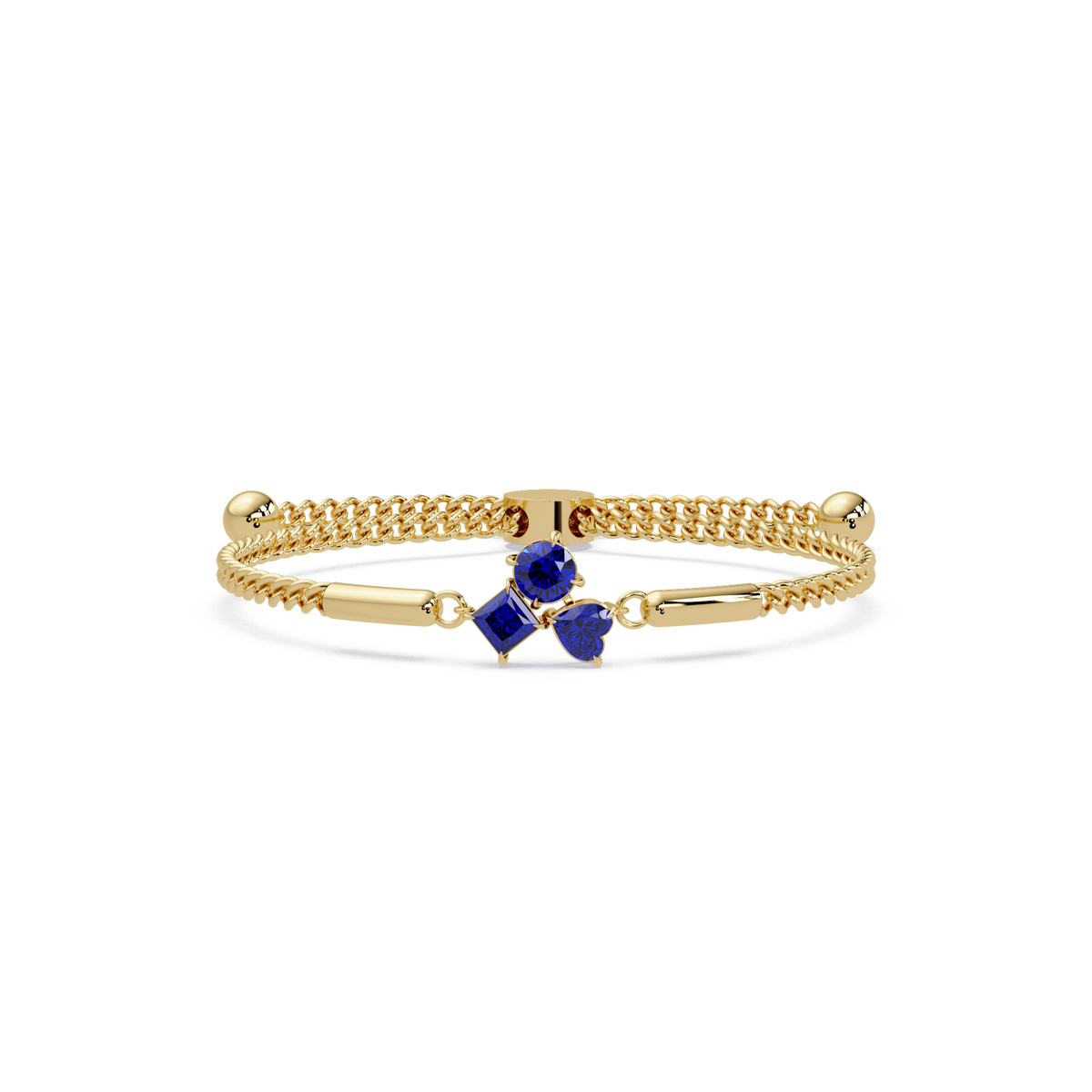 Three-stone lab-grown colorstone adjustable chain bracelet with sapphire blue stones in yellow gold