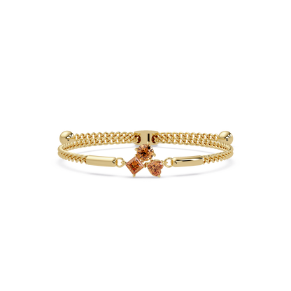 Three-stone lab-grown colorstone adjustable chain bracelet with champagne topaz stones in yellow gold
