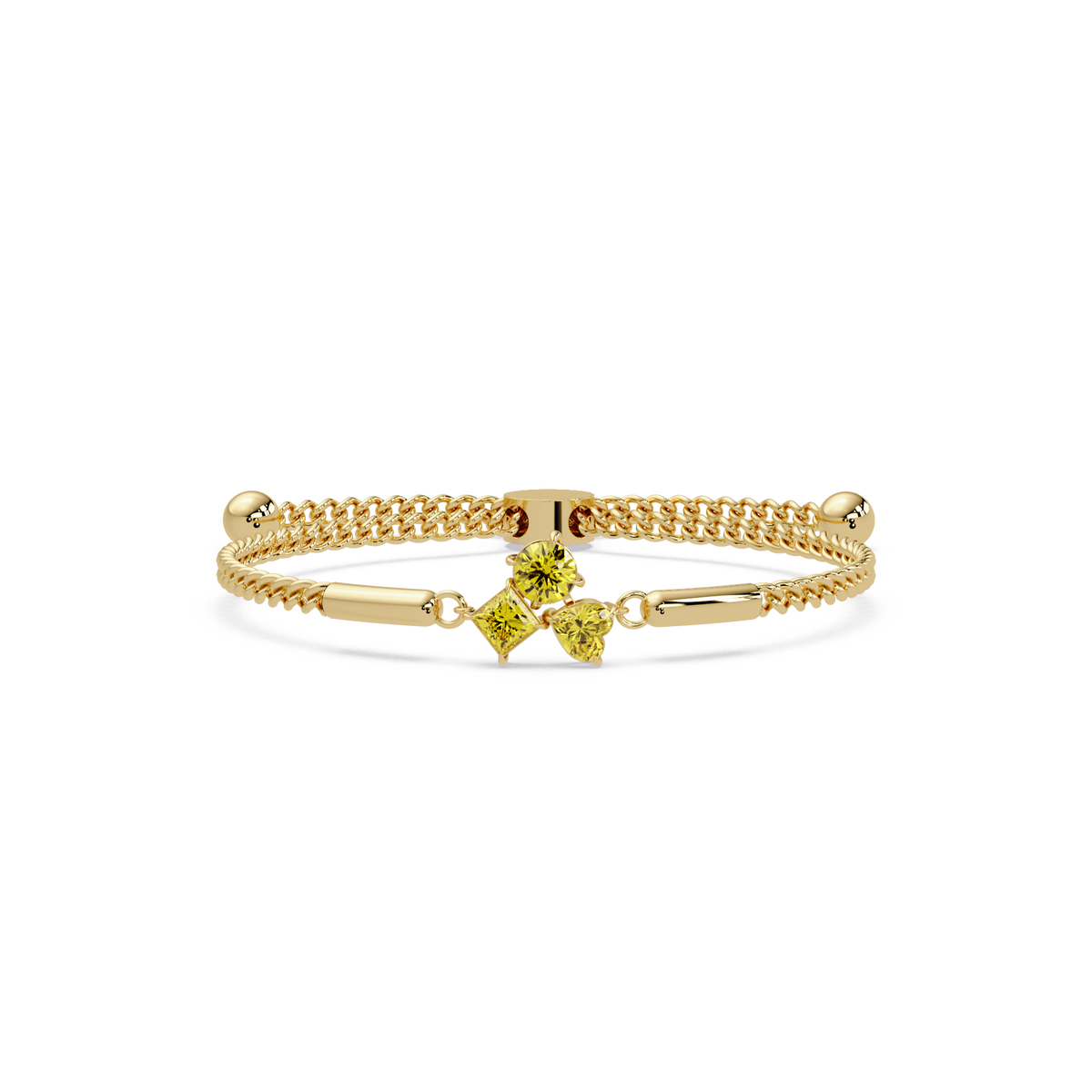 Three-stone lab-grown colorstone adjustable chain bracelet with citrine yellow stones in yellow gold