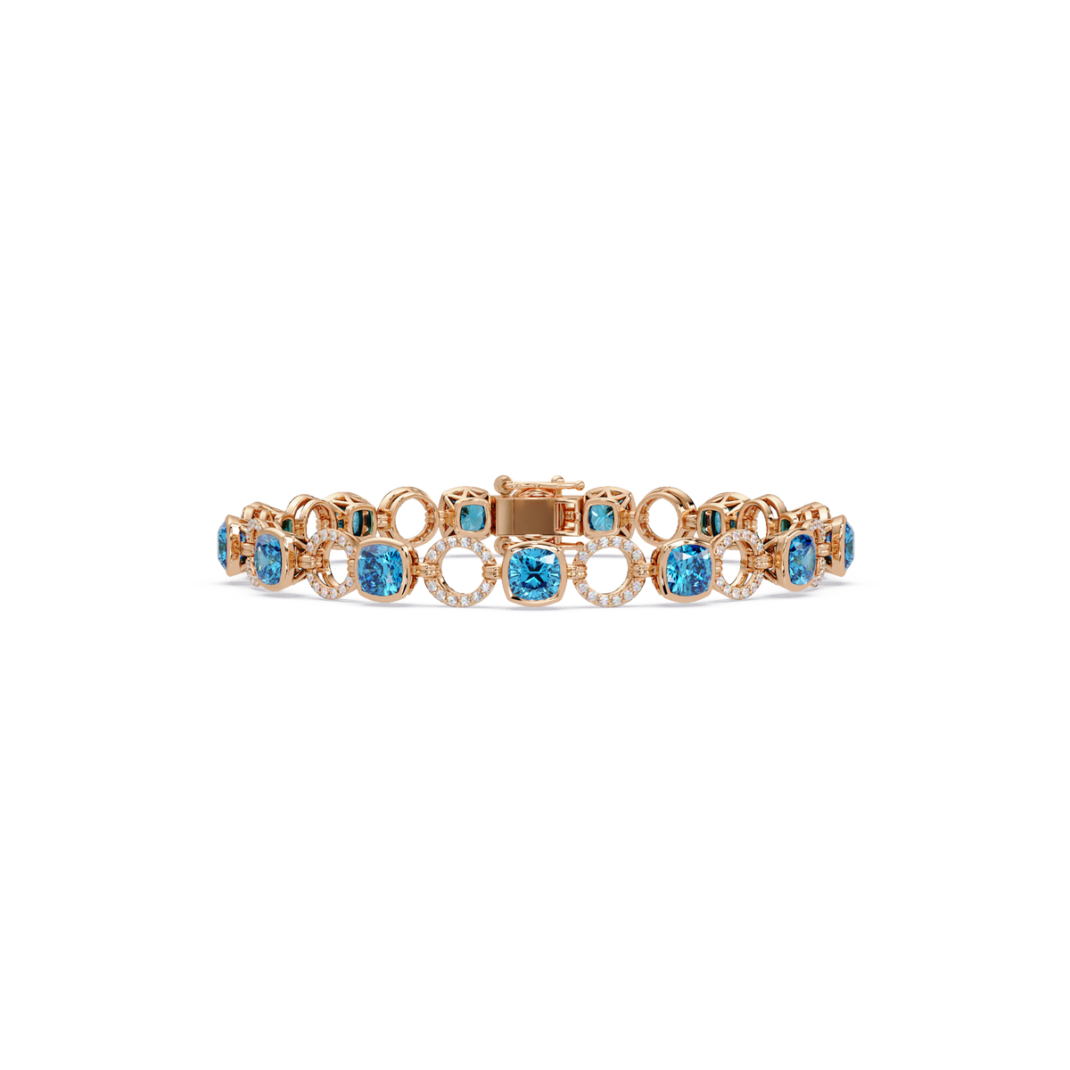 Cushion aquamarine blue colorstone and pavé circle link bracelet in rose gold