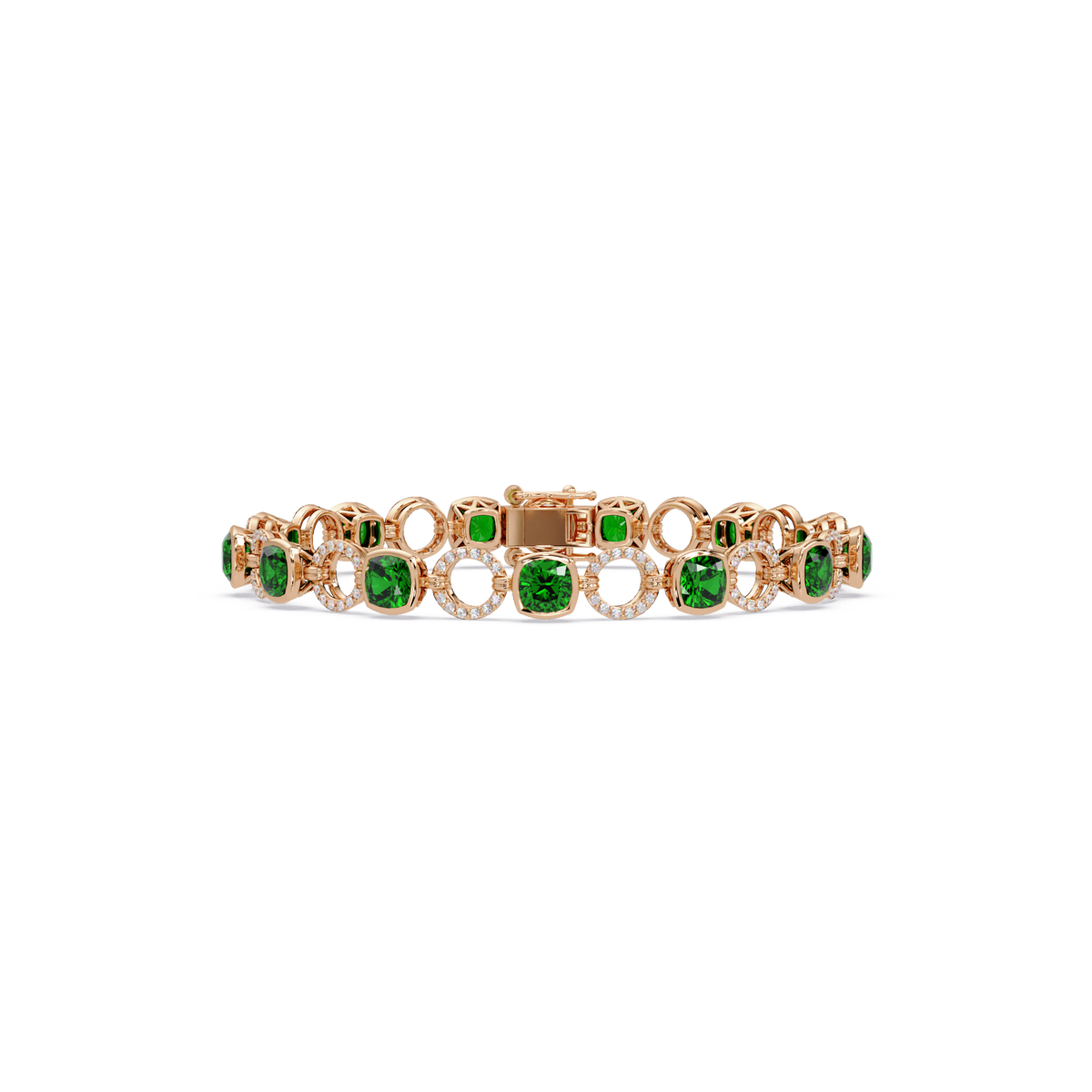 Cushion emerald green colorstone and pavé circle link bracelet in rose gold