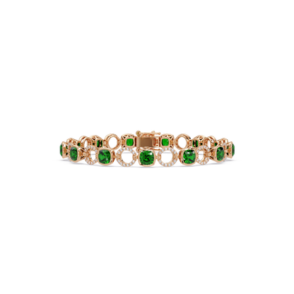 Cushion emerald green colorstone and pavé circle link bracelet in rose gold