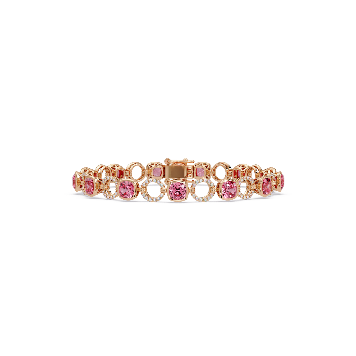 Cushion tourmaline pink colorstone and pavé circle link bracelet in rose gold