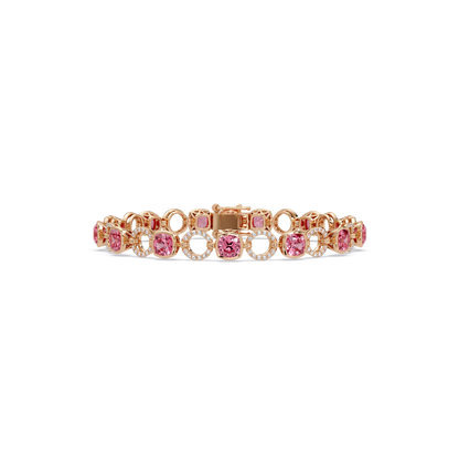 Cushion tourmaline pink colorstone and pavé circle link bracelet in rose gold