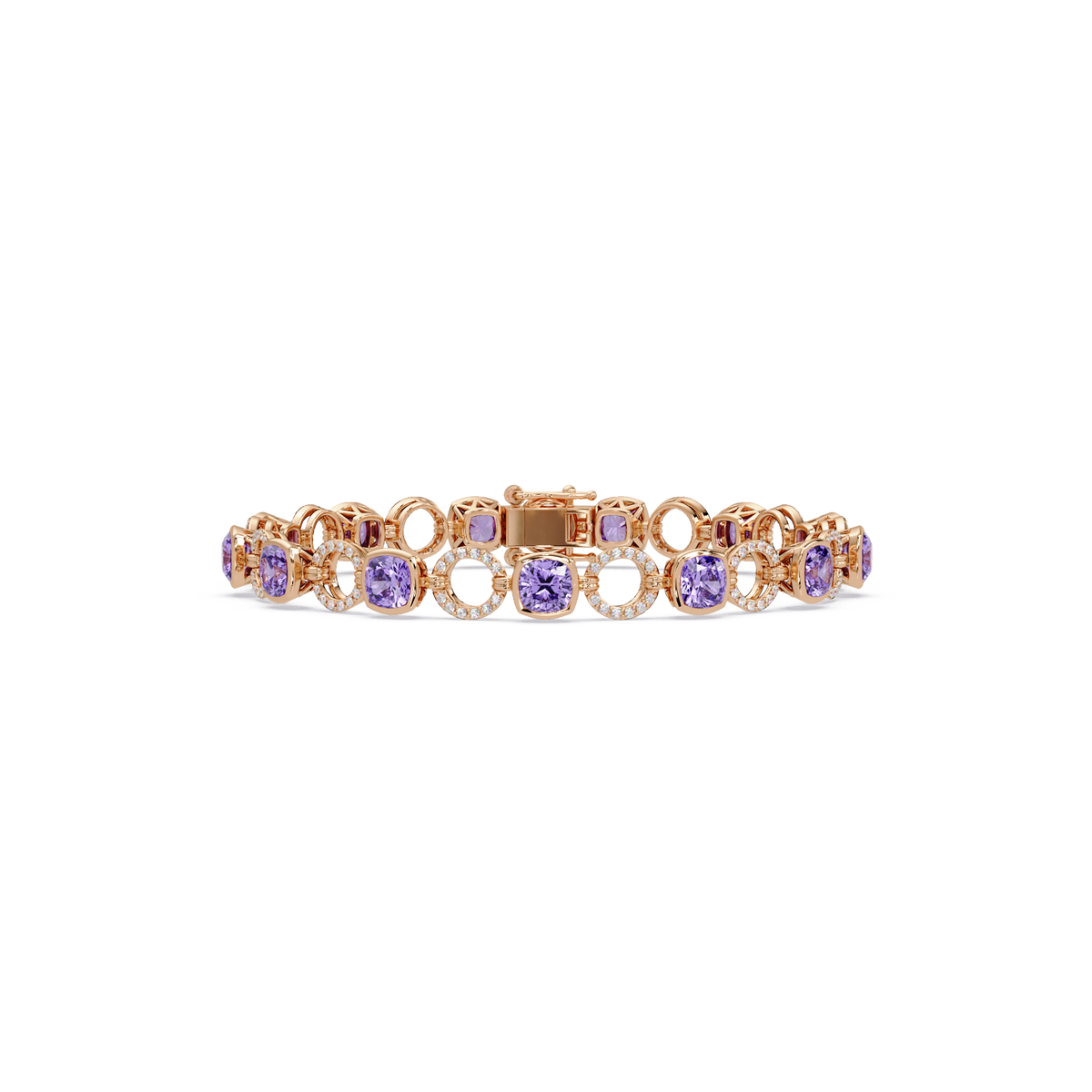 Cushion amethyst purple colorstone and pavé circle link bracelet in rose gold