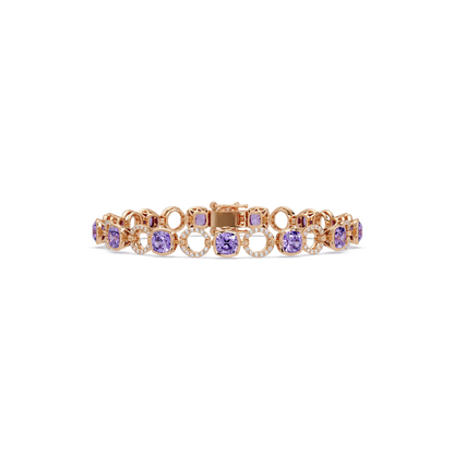 Cushion amethyst purple colorstone and pavé circle link bracelet in rose gold