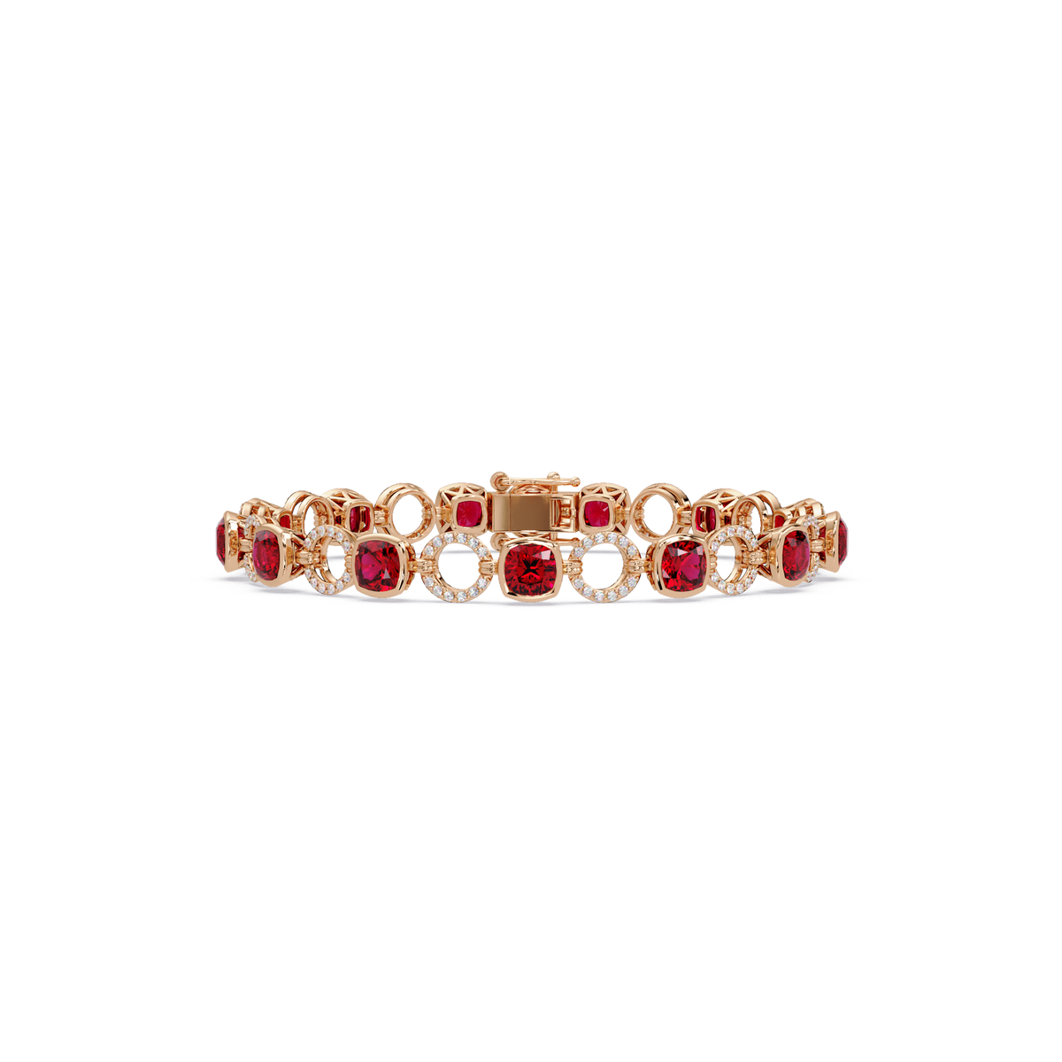 Cushion ruby red colorstone and pavé circle link bracelet in rose gold