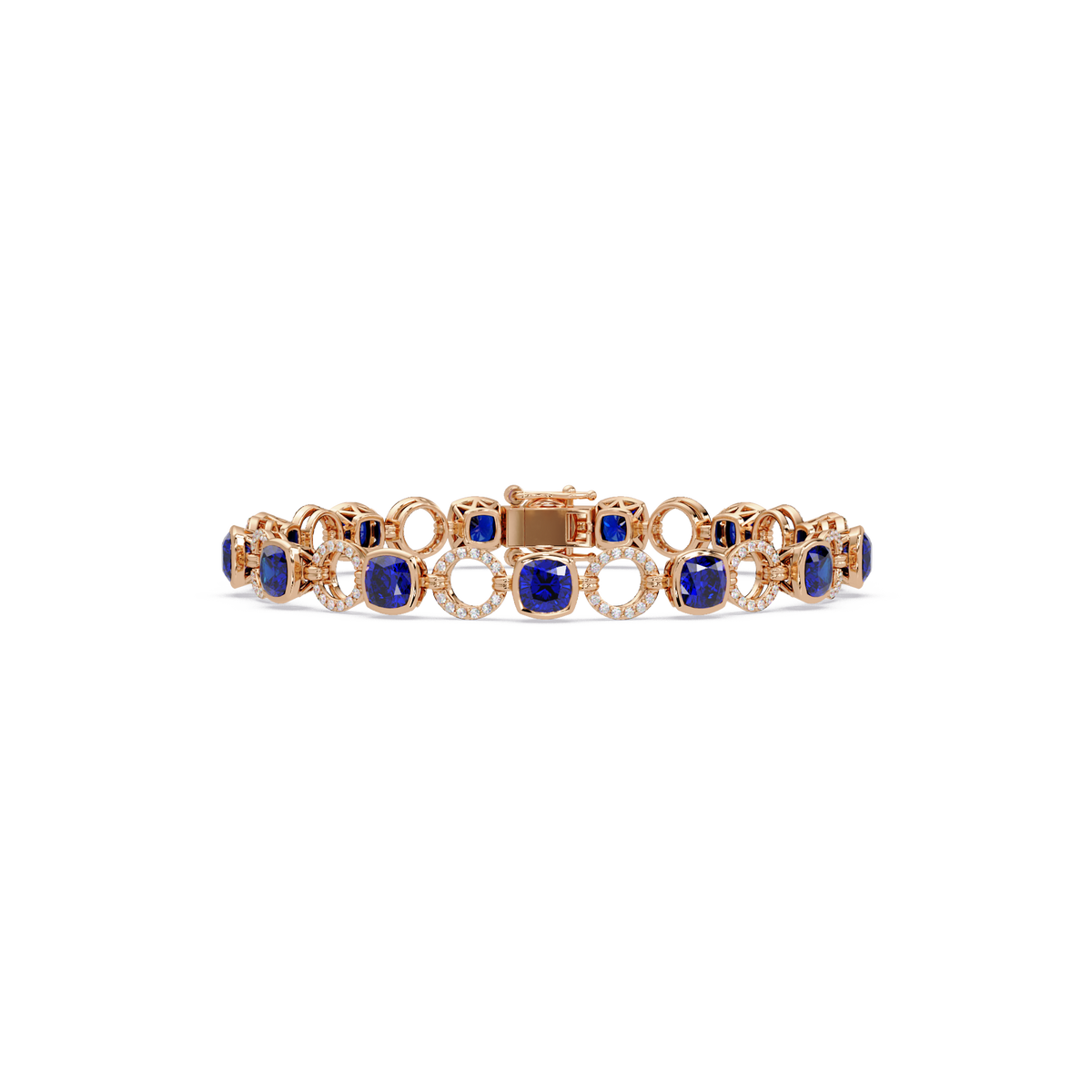 Cushion sapphire blue colorstone and pavé circle link bracelet in rose gold