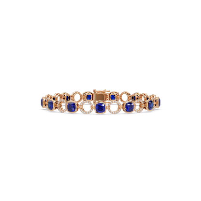 Cushion sapphire blue colorstone and pavé circle link bracelet in rose gold