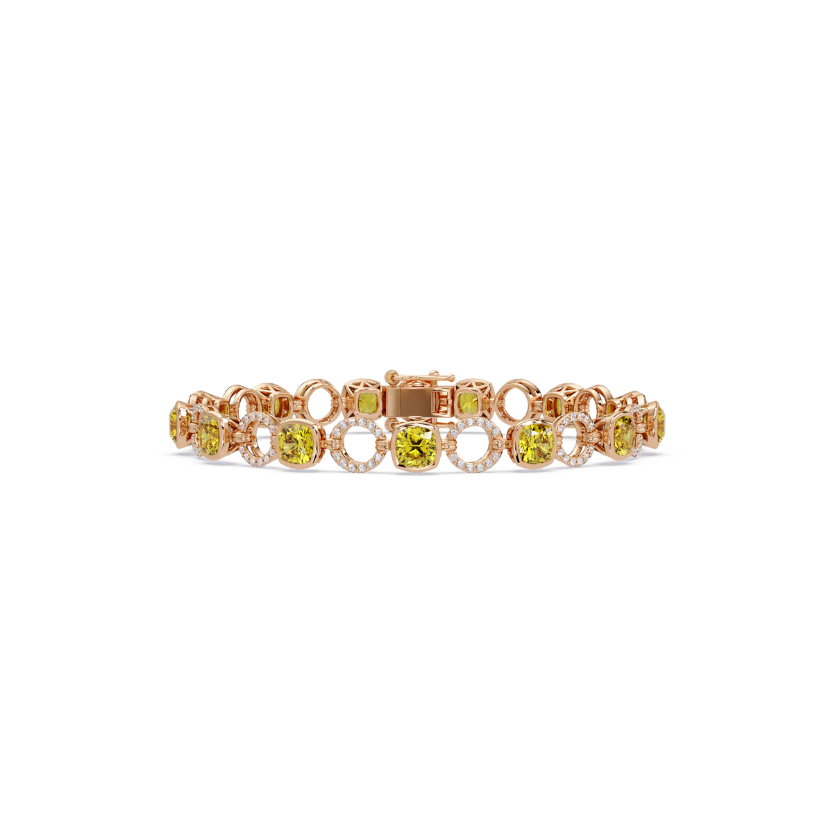 Cushion citrine yellow colorstone and pavé circle link bracelet in rose gold
