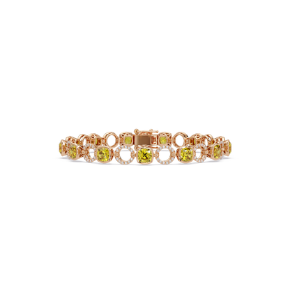 Cushion citrine yellow colorstone and pavé circle link bracelet in rose gold
