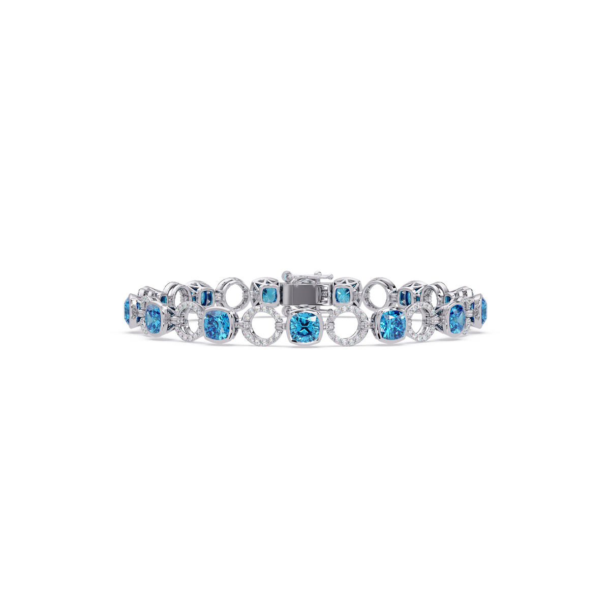 Cushion aquamarine blue colorstone and pavé circle link bracelet in white gold