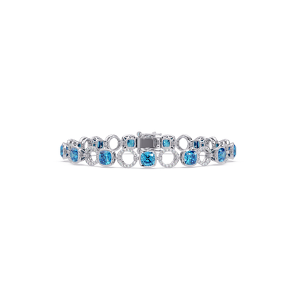 Cushion aquamarine blue colorstone and pavé circle link bracelet in white gold