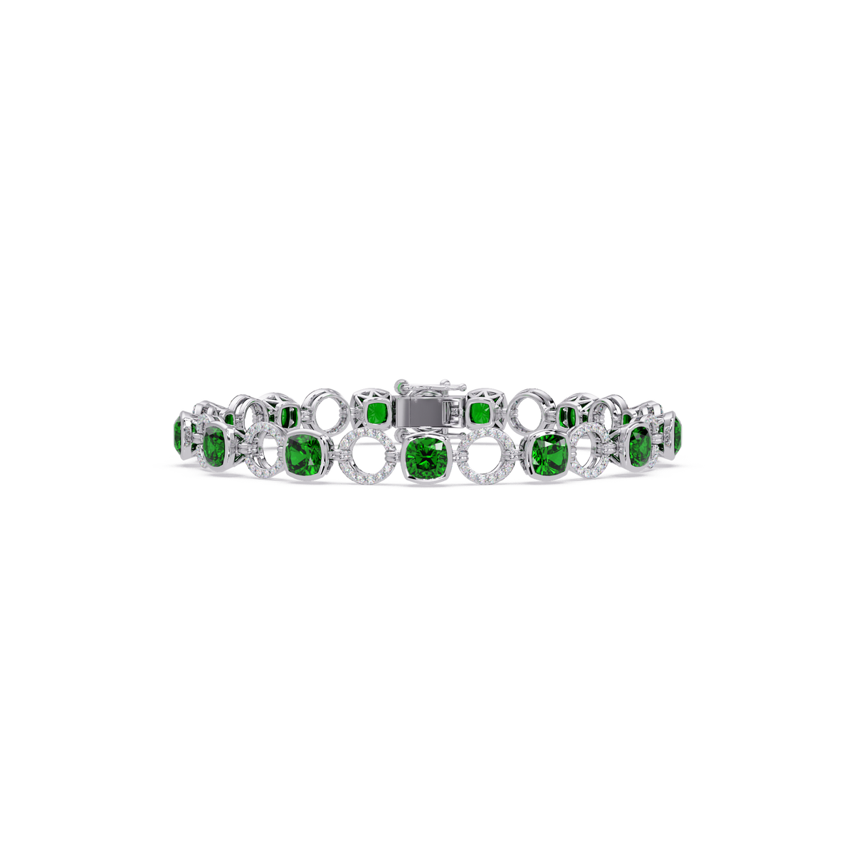 Cushion emerald green colorstone and pavé circle link bracelet in white gold