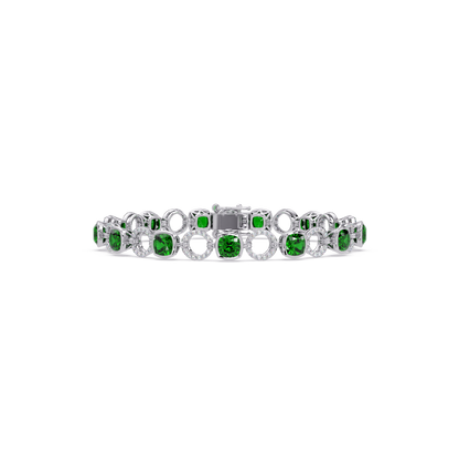 Cushion emerald green colorstone and pavé circle link bracelet in white gold