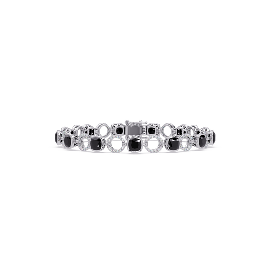 Cushion onyx colorstone and pavé circle link bracelet in white gold
