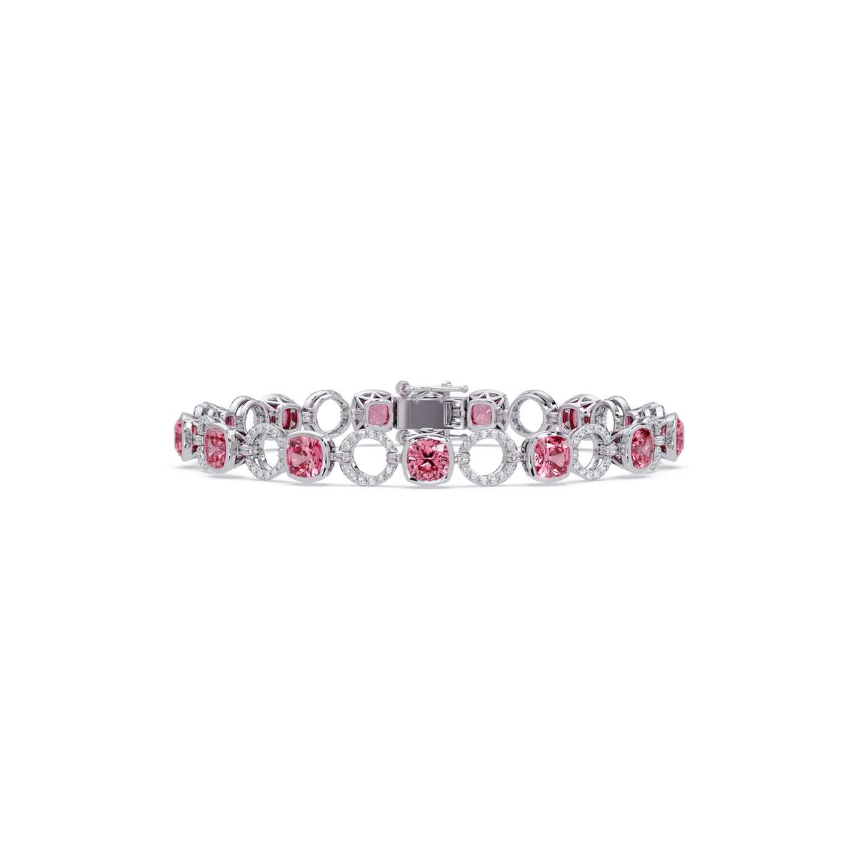 Cushion tourmaline pink colorstone and pavé circle link bracelet in white gold