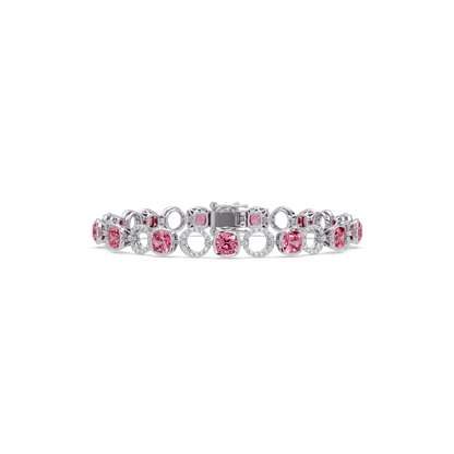Cushion tourmaline pink colorstone and pavé circle link bracelet in white gold