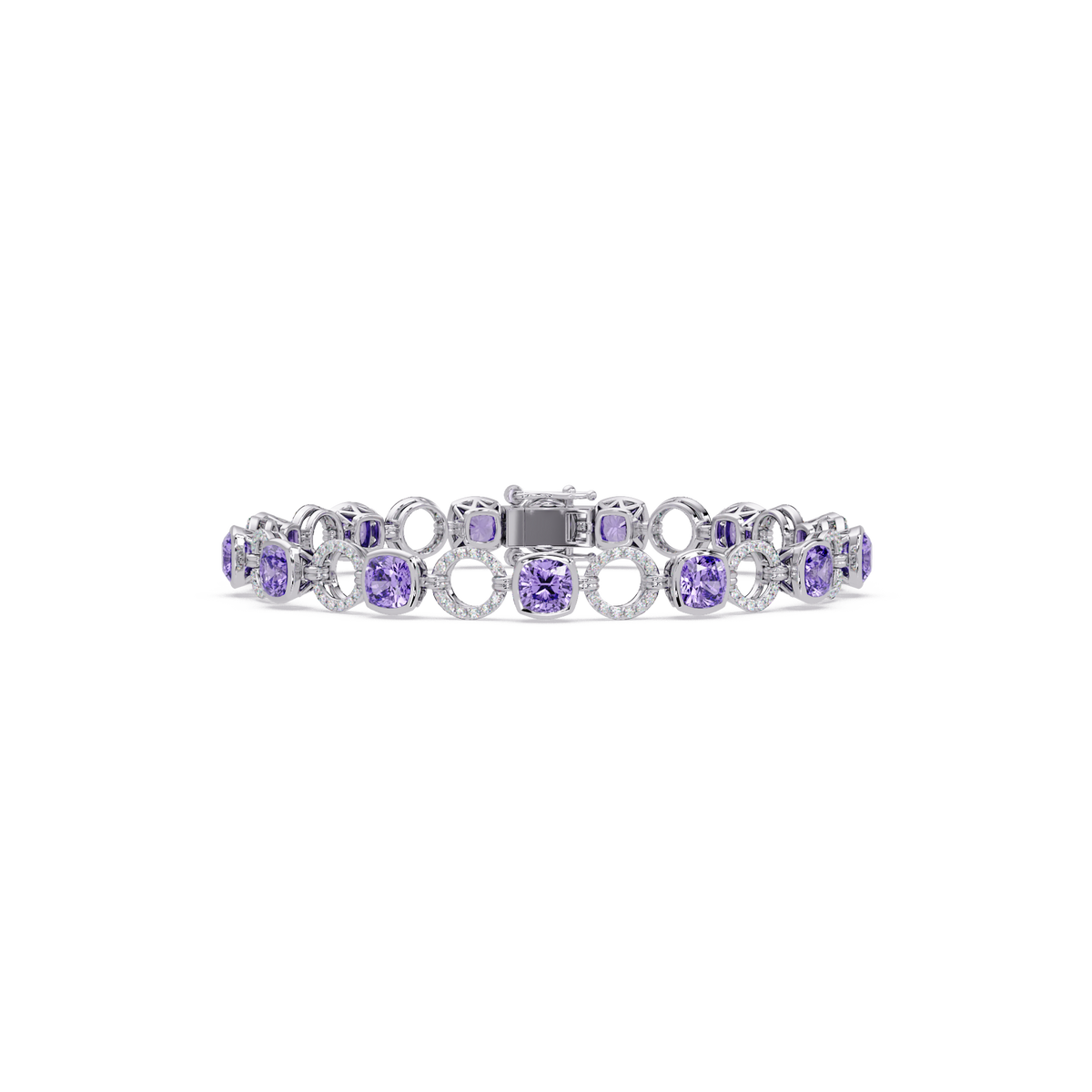 Cushion amethyst purple colorstone and pavé circle link bracelet in white gold