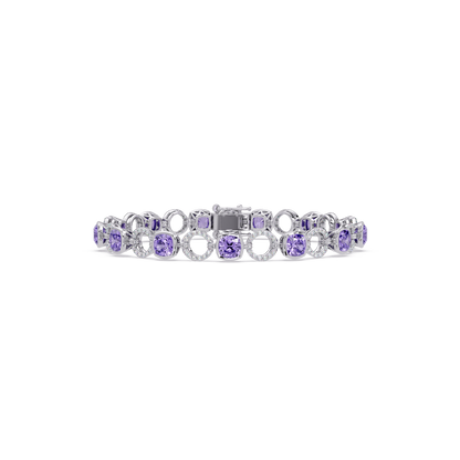 Cushion amethyst purple colorstone and pavé circle link bracelet in white gold