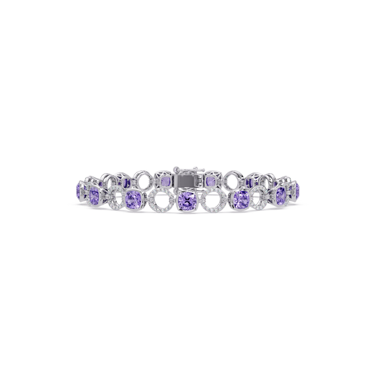 Cushion amethyst purple colorstone and pavé circle link bracelet in white gold