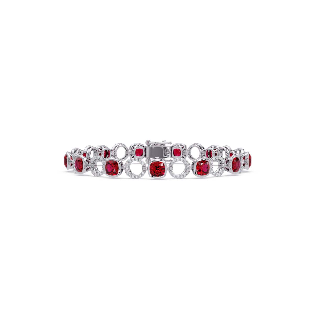 Cushion ruby red colorstone and pavé circle link bracelet in white gold