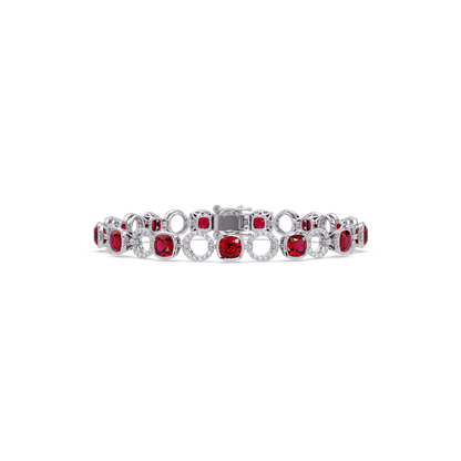 Cushion ruby red colorstone and pavé circle link bracelet in white gold