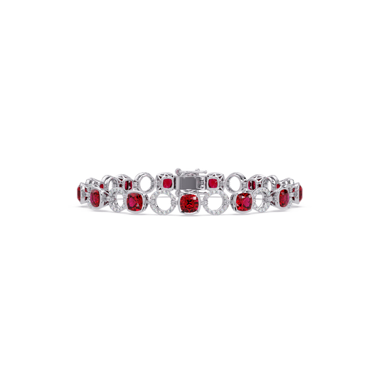Cushion ruby red colorstone and pavé circle link bracelet in white gold