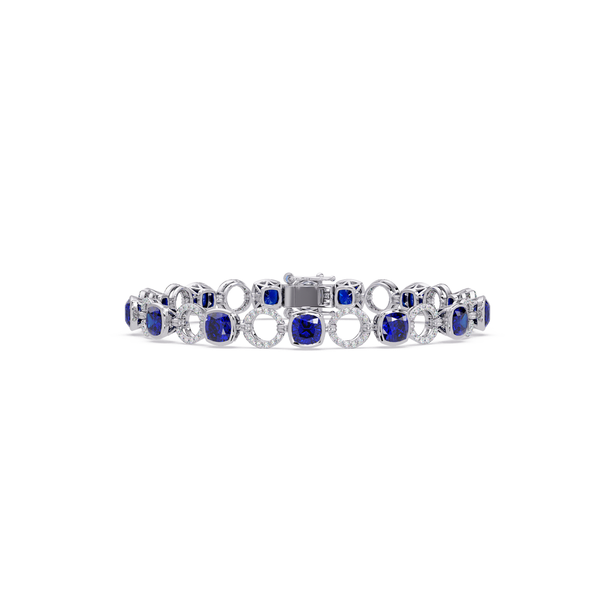 Cushion sapphire blue colorstone and pavé circle link bracelet in white gold