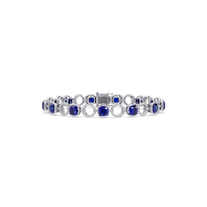 Cushion sapphire blue colorstone and pavé circle link bracelet in white gold